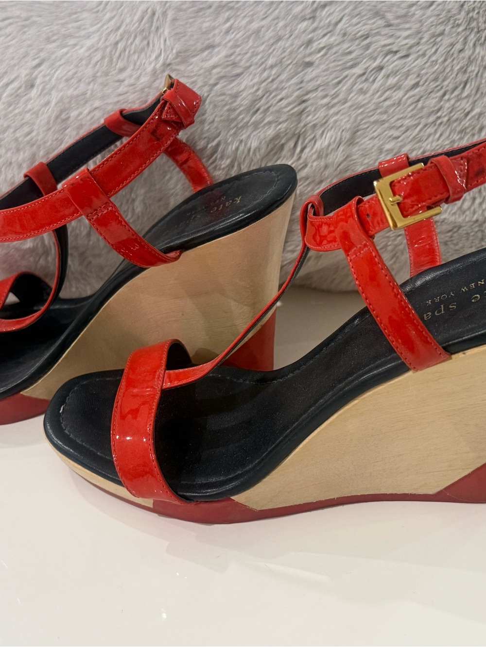 kate spade Red Patent Leather Wedge Sandals with Gold Buckle